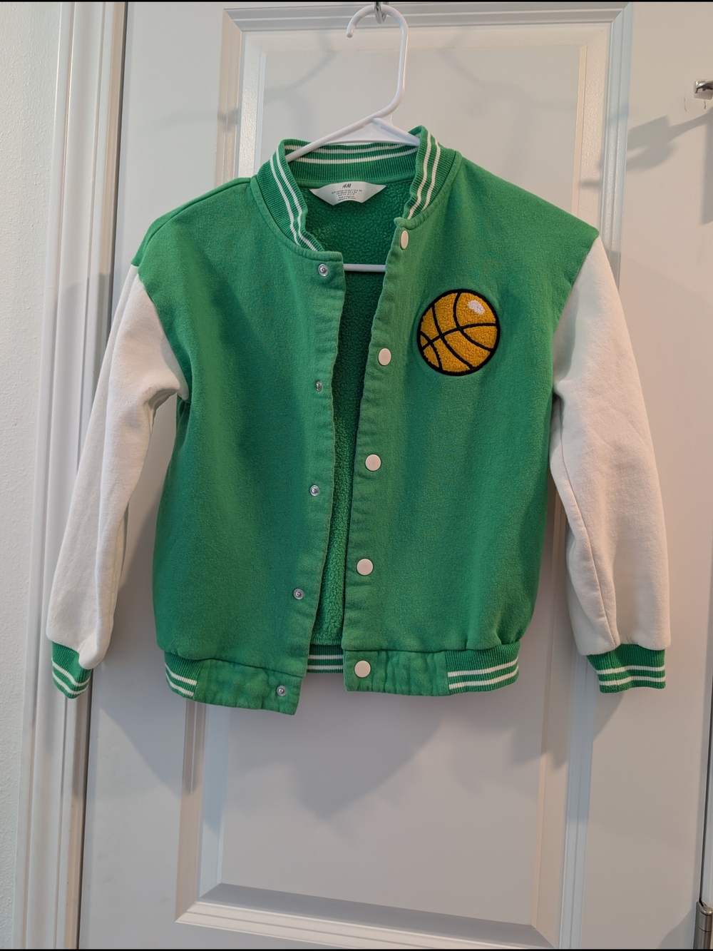 Kids Green & White Baseball Jacket with Basketball Patch